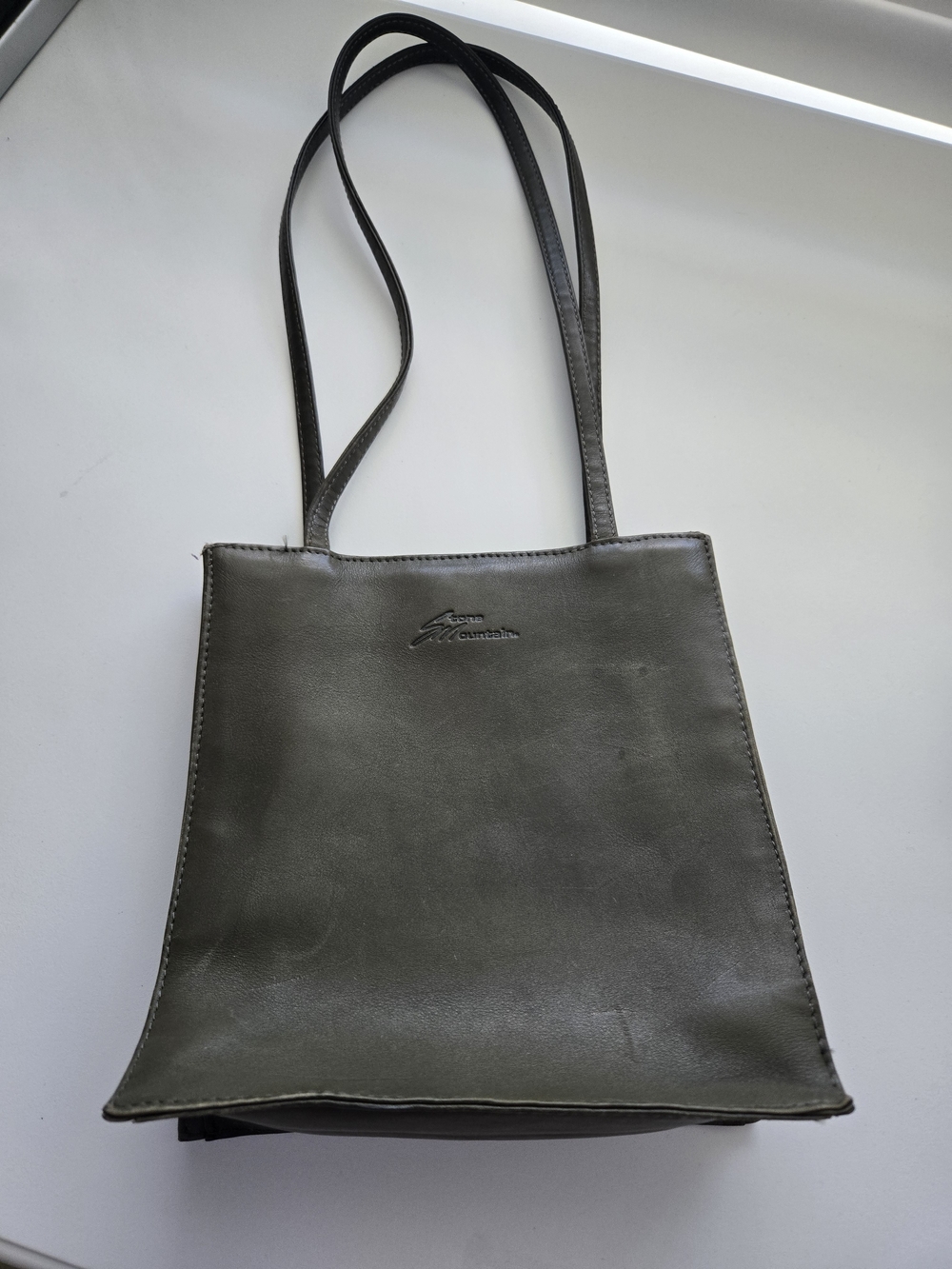Stone Mountain Olive Green Leather Tote Shoulder Handbag Vintage Minimalist